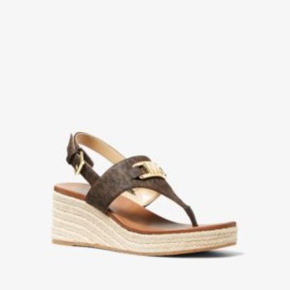 Michael Kors Camila Wedge Sandal MK LOGO Brown 10 - Picture 1 of 4